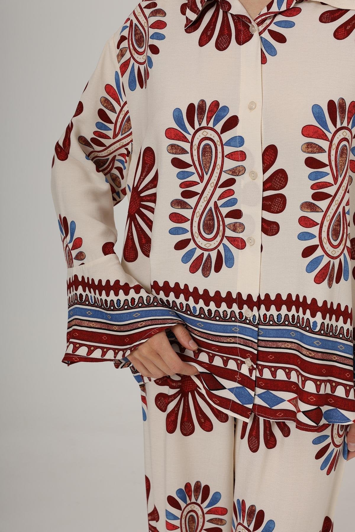 Kırmızı - Desenli Kolları Volanlı Pantolon Takım