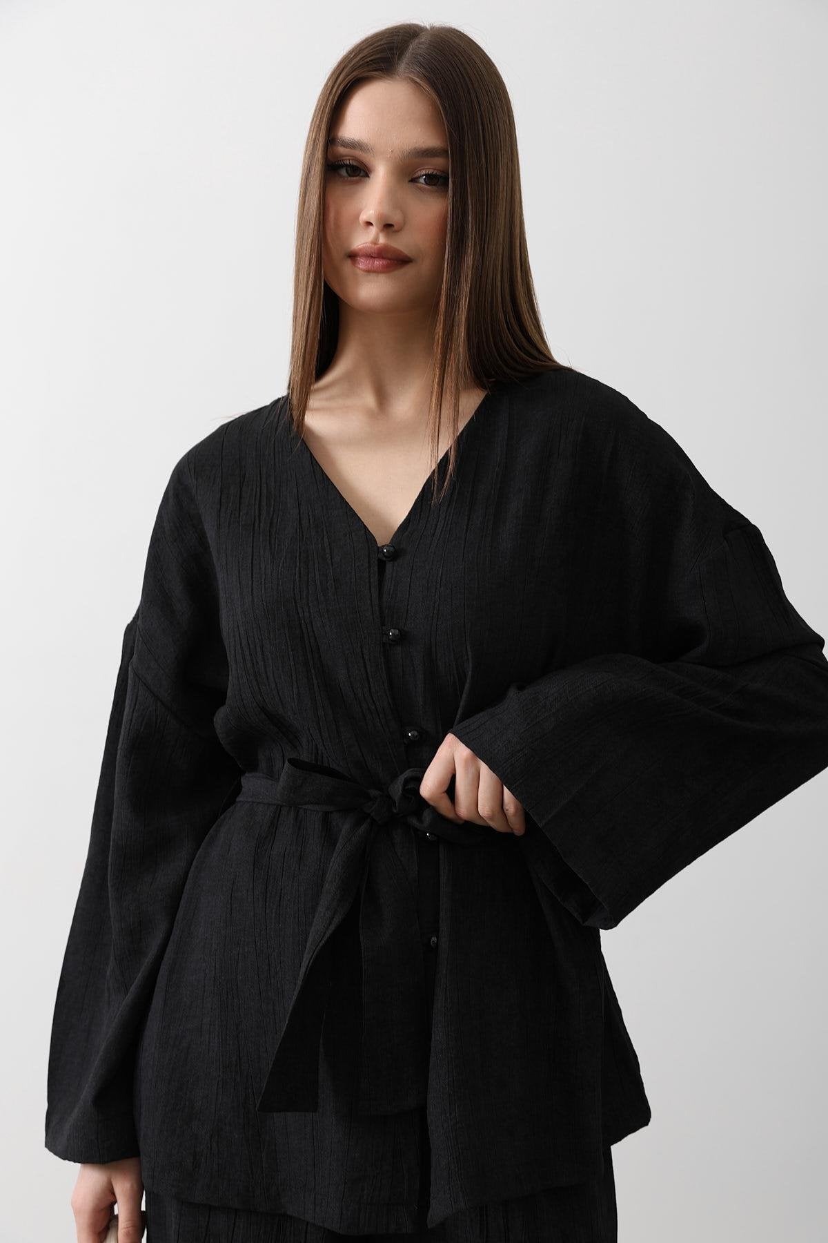 Siyah - Beli Bağlamalı Tunik Ve Beli Bağlamalı Pantolon Takım