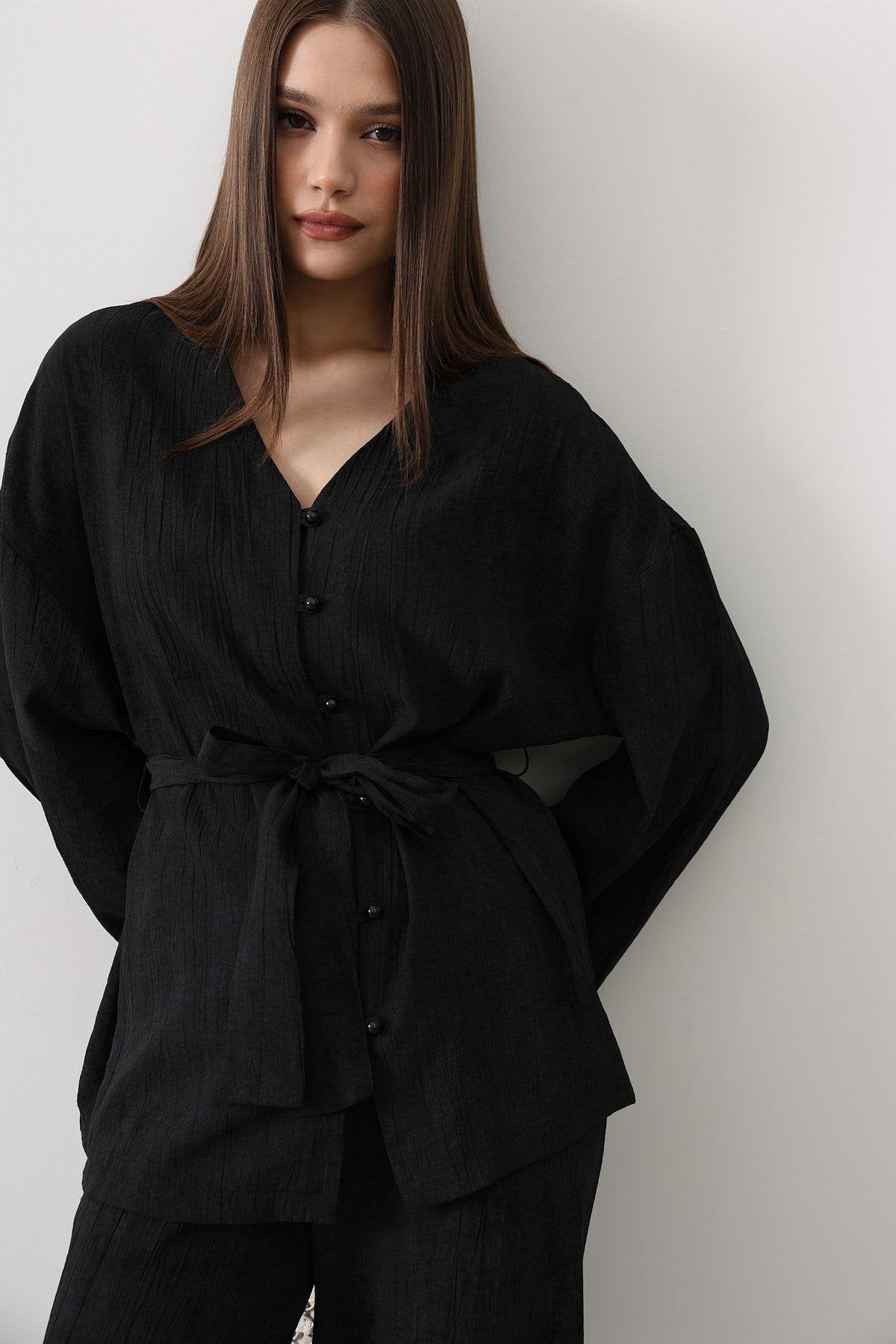 Siyah - Beli Bağlamalı Tunik Ve Beli Bağlamalı Pantolon Takım