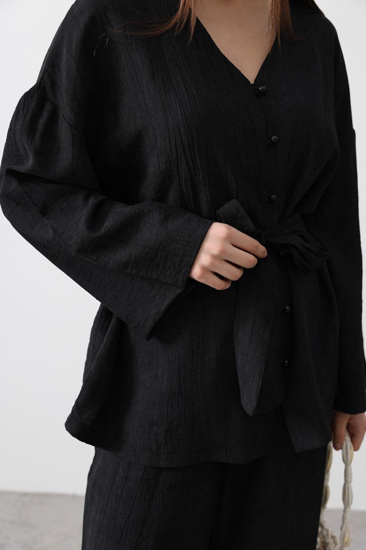Siyah - Beli Bağlamalı Tunik Ve Beli Bağlamalı Pantolon Takım